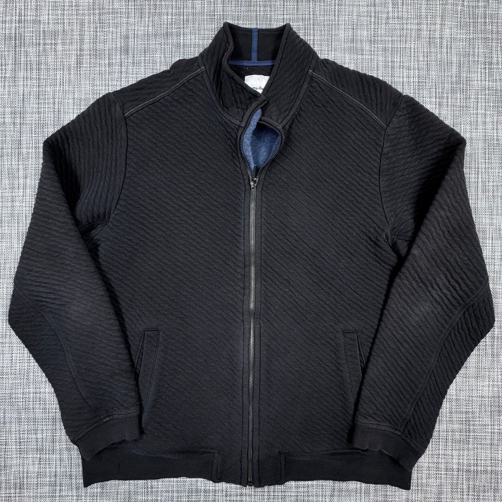 Tommy Bahama Mens Large Quilt to Last Full Zip Sweater Jacket Black Cotton Blend